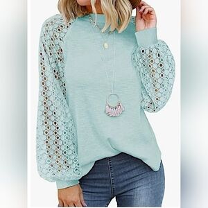 MIHOLL Womens Balloon Lace Sleeve Knit Raglan Top TEAL sz SMALL